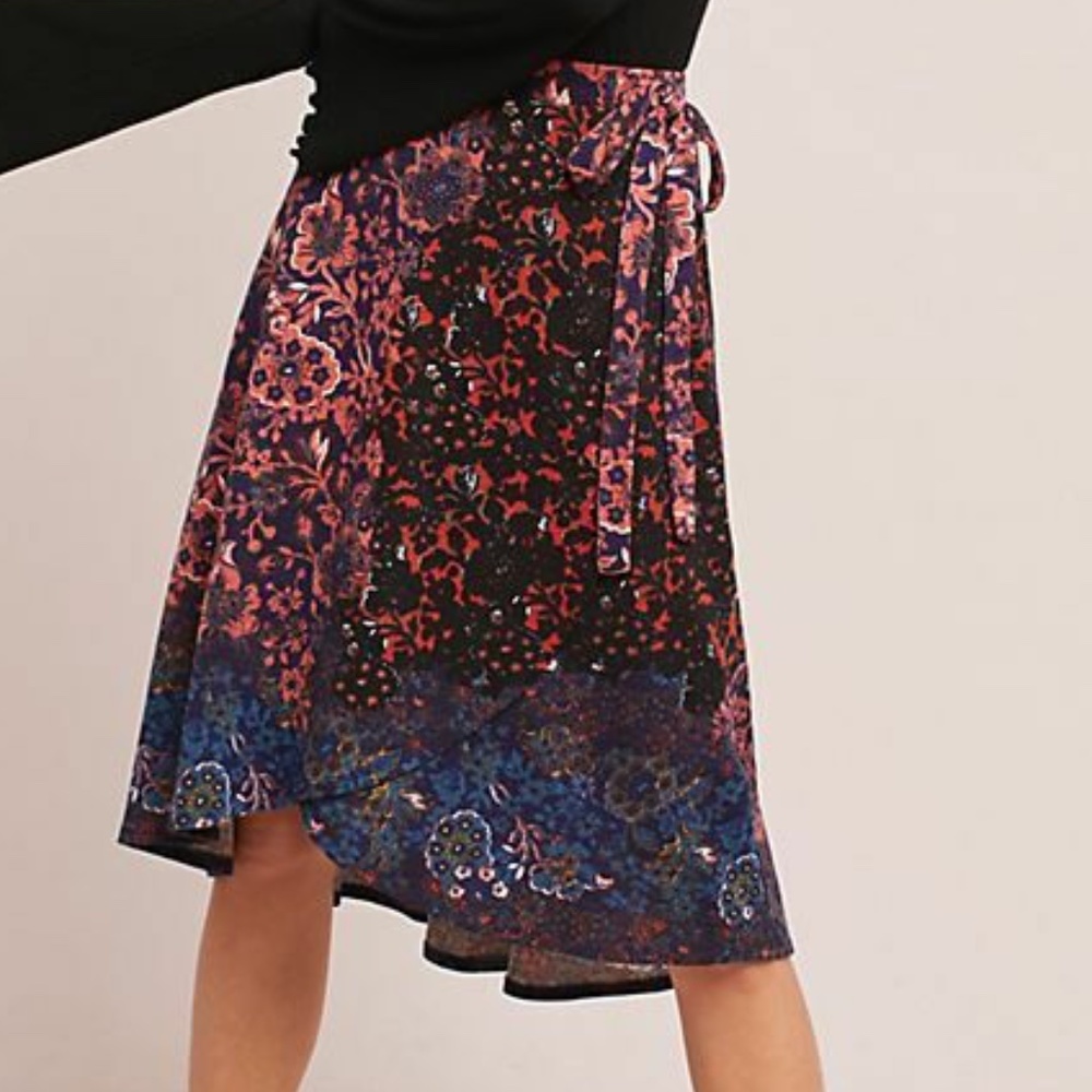 Anthropologie Maeve Floral Print Faux Wrap Skirt L  NWT